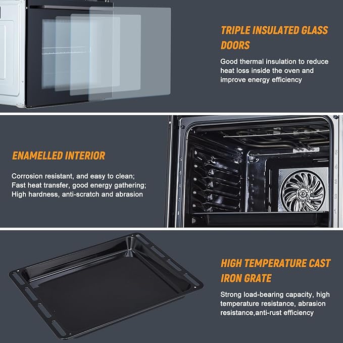 24 Inch Built-in Electric Single Wall Oven, 2.5Cu.ft. Stainless Steel Convection Oven with 8 Cooking Functions, Mechanical Knob Control, Timer, Convection Fan and Safety Lock, 3000W, Black