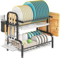 LEGUANG 2-Tier Stainless Steel Dish Drying Rack, Space-Saving Kitchen Organizer for in/Over Sink/Counter, with Removable Drain Tray & Cutlery Holder & Utensil Holder, Black