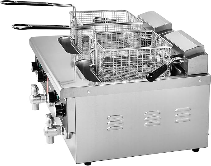 VEVOR Commercial Deep Fryer, 2 x 9Qt / 8.5L Double Oil Fryer with 2 Baskets, 1mm Thickened Stainless Steel, Dual Tank 3500W Electric Countertop Fryer， Time & Temp Control, for Kitchen Restaurant Use