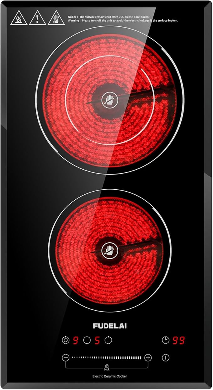 2-Burner Electric Cooktop, 3200W 240V Ceramic Hot Plate with 9 Power Levels,Touch Control,Auto Safety Lock,Timer,UL Certified Plug, For Built-in/Countertop Use/RV Camping