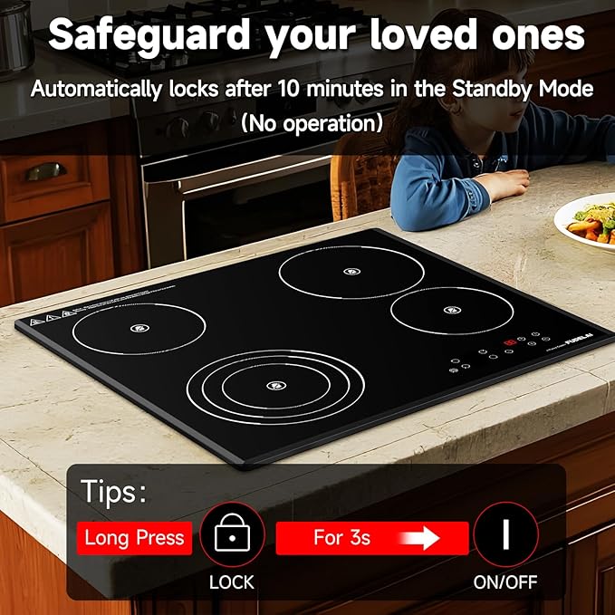 24 Inch Electric Cooktop 4 Burners,6500W 24" Electric Ceramic Cooktop with Child Lock & Auto Safety, Built-in/Countertop Infrared Cooker, 9 Power Levels, Easy-Clean Glass (No Plug)