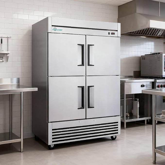 COOLCHEF 54"Commercial Freezer, 49 Cu.Ft Four-Door Stainless Steel Reach-In Freezer, -8~0℉, Air Cooling, 6 Shelves, R290