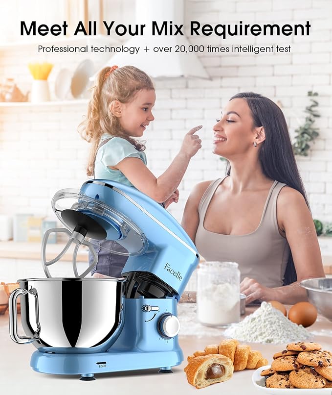 Facelle Stand Mixer, Electric Kitchen Mixer, 660W 6 Speed Tilt-Head stand mixer with Pulse, Attachments include 6.5QT Bowl, Dishwasher Safe Beater,Dough Hook,Whisk for Dough,Baking,Cakes,Cookie-Blue