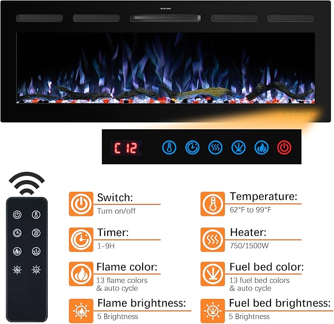 80" WiFi Electric Fireplace Inserts, Recessed and Wall Mounted Fireplace Heater W/Adjustable Flame Color & Brightness, Thermostat, 9H Timer, App and Remote Control, 750/1500W