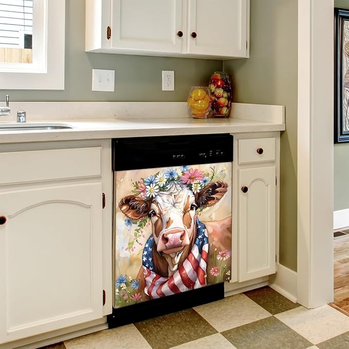 Highland Cow Animal Flower Dishwasher Magnet Cover Magnetic Dishwasher Decorative Cover Front Dishwasher Door Cover Reuseable Dishwasher Cover Panel for Kitchen Refrigerator Home Appliances 23" X 26"