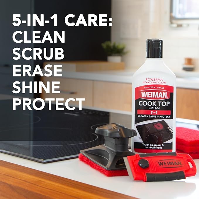Weiman Glass Cooktop & Stove Top Cleaner Kit, Removes Grease & Burnt-On Food, Safe for Gas, Induction, Electric Cooktops & Air Fryers, Streak-Free Shine, Includes Stove Scraper & Scrubbing Pad, 10 oz