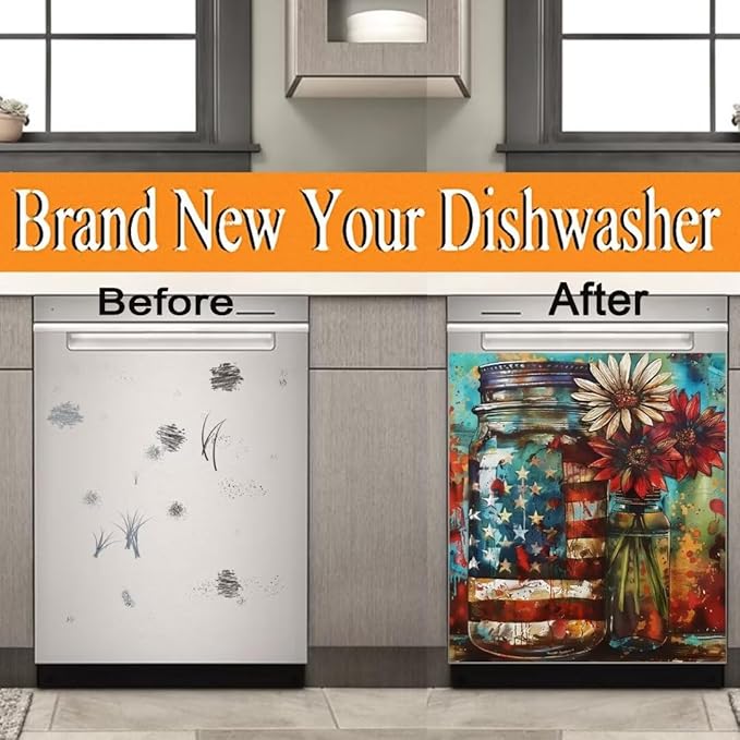Farm Sunflower American Independence Memorial Day Dishwasher Magnet Cover,23" x 26" Dishwasher Cover,Magnetic Decal Vinyl Sticker Kitchen Decor Refrigerator Magnets Self Adhesive Wrap