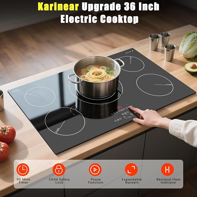 Karinear Electric Cooktop 36 Inch, Upgrade Sensor Touch 5 Burners Electric Stove Top, Built-in Ceramic Cooktop, Pause, Timer, Safety Lock, Triple Ring Expandable Burner,9400W, 220V