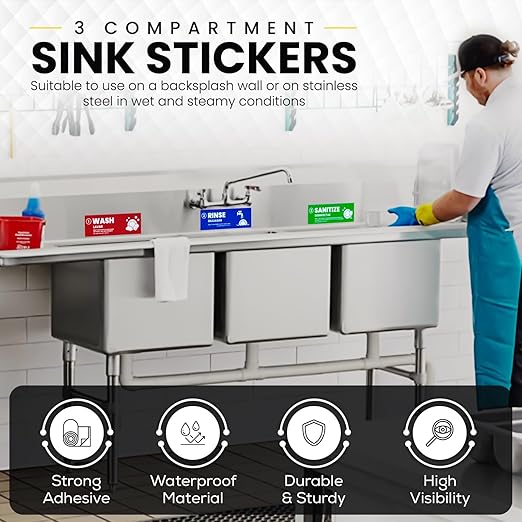[Enhanced] Wash Rinse Sanitize Sink Labels | 3 Compartment Sink Stickers | Training Labels for Dishwashing | Food Service, Restaurant, Commercial Kitchen (1 Set: 6 x 2 in)