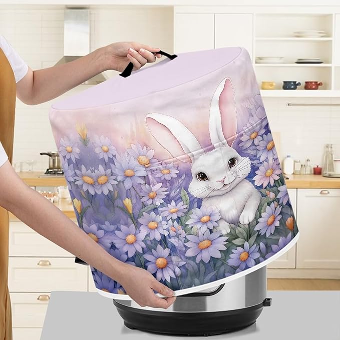 Pressure Cooker Cover for 8 Quart Air Fryer, Stain Resistant Washable Round Protective Electric Appliance Cover Kitchen Easter Decoration, Bunny Purple Flower