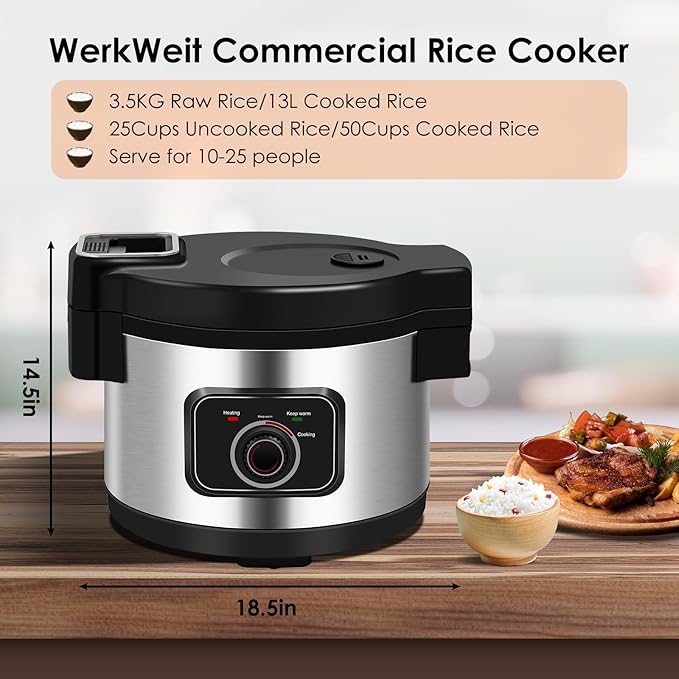 Commercial Rice Cooker 13L Large Rice Cooker 50Cup(Cooked)/25Cup (Uncooked), 1850W Rice Cooker for Restaurant Canteen Party Commercial Rice Warmer for 24H
