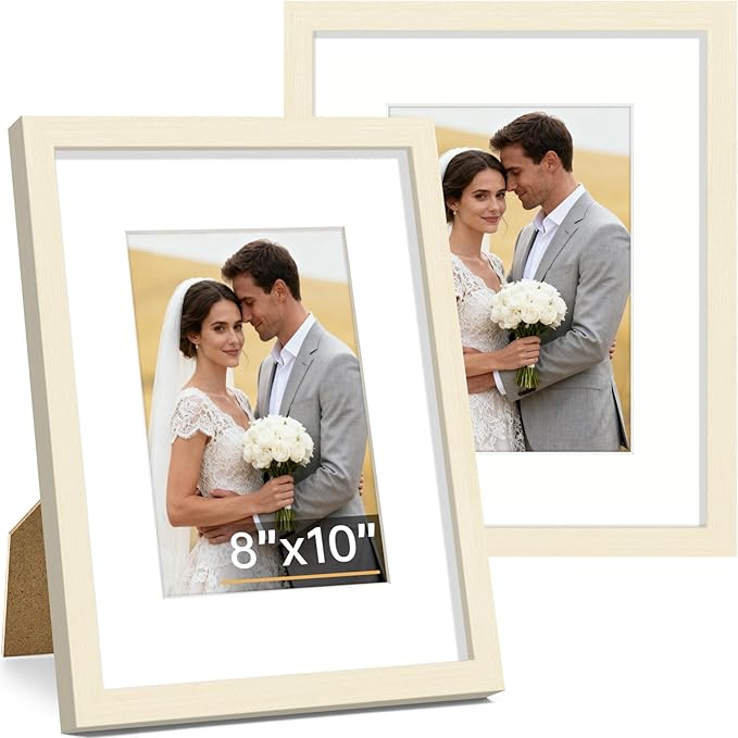 Vittanly 8x10 Picture Frame Set of 2, Solid Wood Frame for Wall or Tabletop, Display Photo 5x7 with Mat or 8x10 without Mat, White