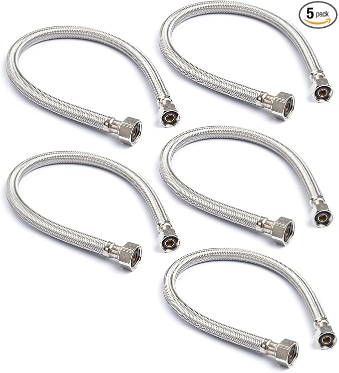 Stainless Steel Braided Water Connectors with Reinforced PVC Inner Hose for Faucets, 3/8" Compression x 1/2" FIP, 30" Length (5Pack)
