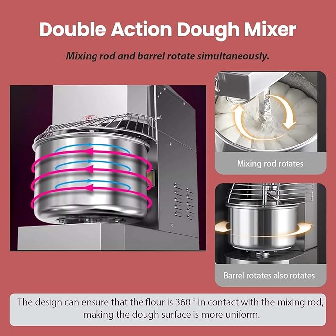 50QT Commercial Stand Dough Mixer Double Action Fast and Slow Speed Spiral Electric Flour Mixing Machine for Professional Bread Making Kneading Machine with Speed Time Control 50L 2200W