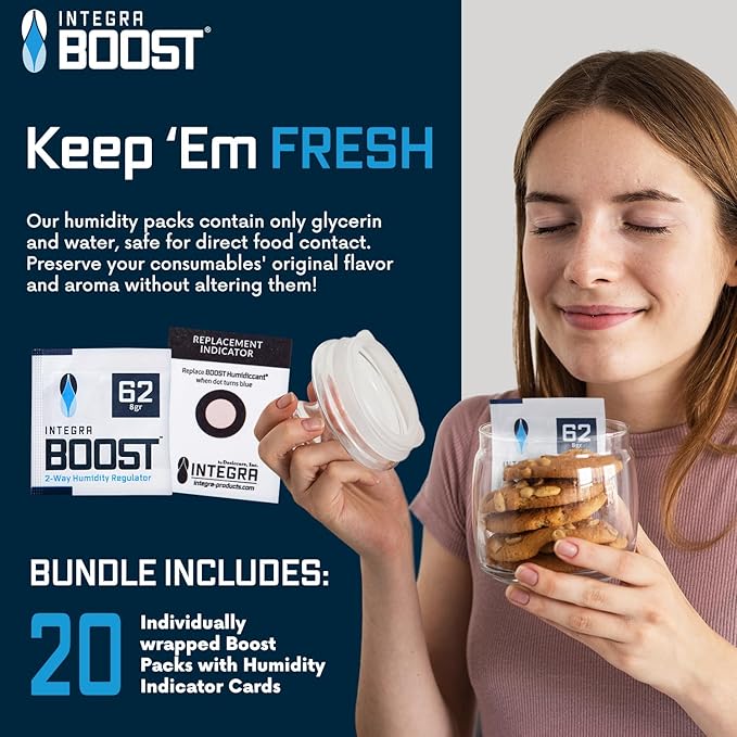 Integra Boost 2-Way Humidity Control Pack - Preserve Flavor & Control Humidity at 62% RH - Moisture Absorber for Herbs, Spices & More - 8 Gram (Pack of 20)