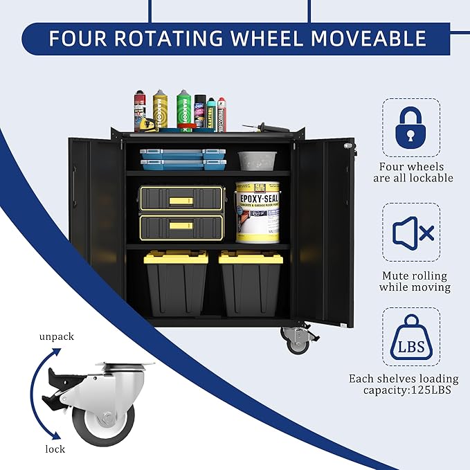 Metal Tool Cabinet,Garage Storage Cabinet System,Wall Cabinet & Locking Rolling Tool Cabinet with Doors and Adjustable Shelves,Steel Tool Cabinets for Home (2 Pcs-StyleB, Black)