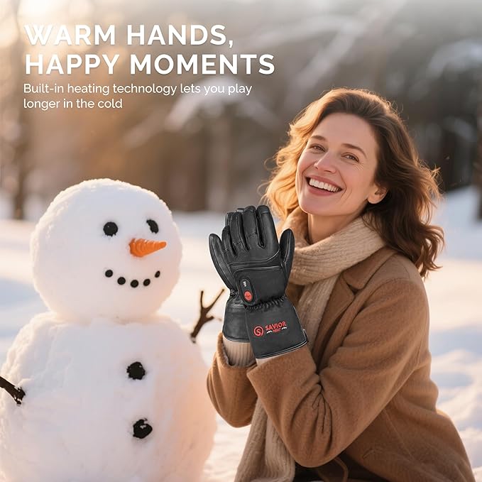 SAVIOR HEAT Heated Gloves for Men Women, Rechargeable Electric Heated Leather Skiing and Snowboarding Gloves