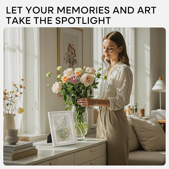 Homeforia 9x11 White Frame, High End Metal 9 x 11 Picture Frames with Mat 6 by 8 inch Photo, 9by11 Thin Poster Frame Matted to 6x8 Print, 11x9 Wall or Tabletop Frame, Tempered Glass, Wall Kit, Set of 1