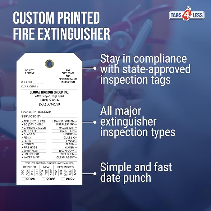 Tags 4 Less Custom Fire Extinguisher Tags – Preventative Maintenance Labels for Monthly Inspections, Alternative to Safety Sticker for Easy Record-Keeping – Pack of 100 (White, Vinyl Plastic)