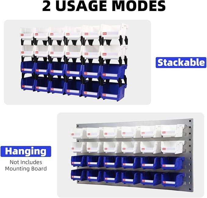 Stackable Storage Bins 24 Pack (5x4x3 Inch), Plastic Stackable Storage Organizer Bins Wall Mounted Hanging Small Parts Bin for Garage, Workbench & Office (Blue & Red)