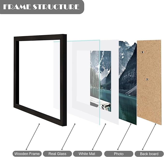 12x12 Black Picture Frame set of 3, Made of Glass and Wooden Square Photo frame - Displays Picture 8x8 With Mat or 12 x 12 Without Mat, Desktop & Wall Collage Photo Frame