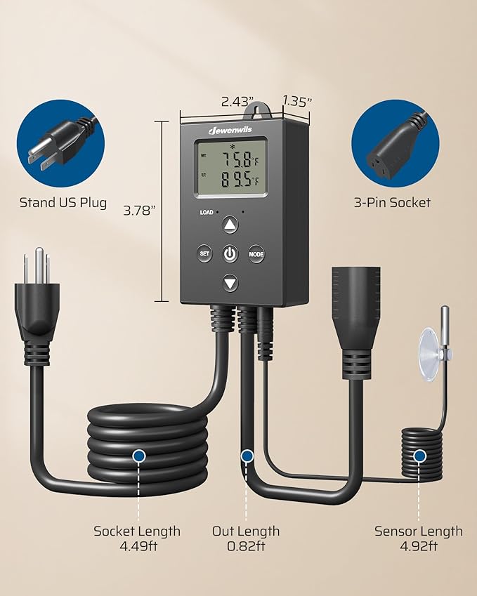 DEWENWILS Digital Temperature Controller Thermostat Outlet with Heating & Cooling Mode for Chest Freezer, Home Brewing, Green House, Incubation, Reptiles, -22°-221°F, 120V/10A/1200W