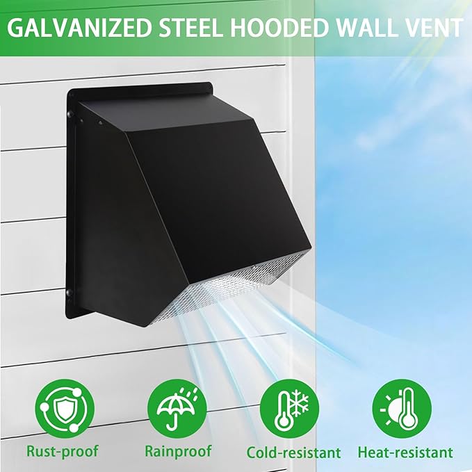 7Inch Wall Vent with Screen and Damper,Galvanized Steel Hooded Wall Vent Cover Cap Exhaust Vent Cover Outside,Exterior Vent Hood Outdoor for Kitchen Range Hood Laundry Dryer Bathroom Fan Duct Air Vent