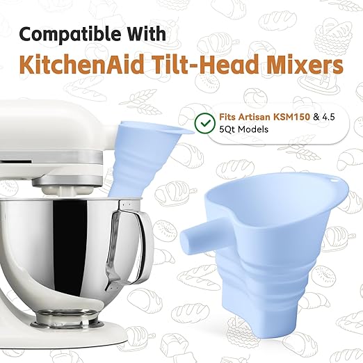 Flour Funnel for Kitchen Aid Mixer - Stand Mixer Attachment Compatible with (KSM150) 4.5-5 Qt Tilt-Head Mixers,Easy Pour Anti-Splash Baking Tool, Dishwasher Safe, for Egg Liquid and Both Flour -Blue