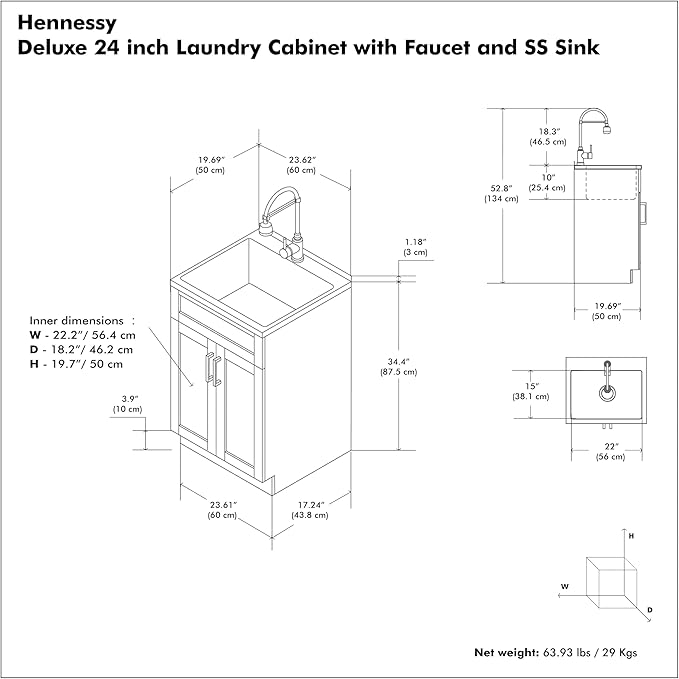 SIMPLIHOME Hennessy All-in-One 24 inch Wide Utility Sink and Laundry Cabinet in Pure White Finish, Transitional Stainless Steel Sink Cabinet for Laundry Rooms with High-Arch Chrome Faucet and Storage