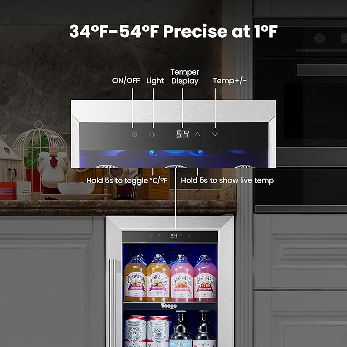 Yeego 15 Inch Beverage-Refrigerator, Beverage Cooler Stainless Steel Refrigerator Built-in or Freestanding, Small Wine Fridge with Glass Door, Drink Fridge for Beer, Soda, Wine