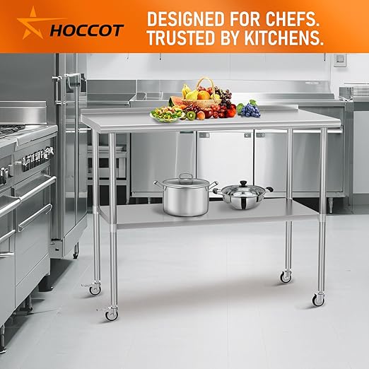 Stainless Steel Prep Table 24" X 48" with Adjustable Undershelf, Backsplash and Wheels, Commercial Metal Workstations for Kitchen, Garage, Outdoor BBQ