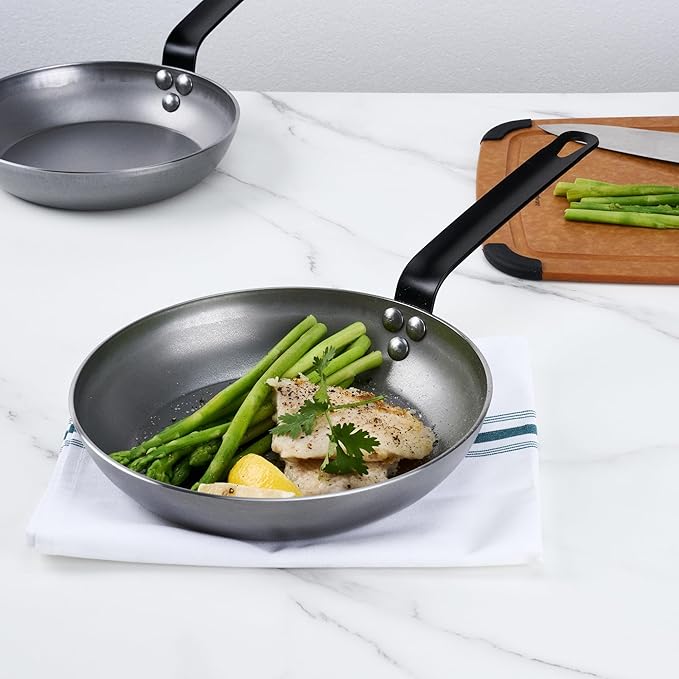 Restaurantware Met Lux 9.5 Inch Fry Pans, 6 No-Stick Frying Pans - Induction-Ready, Triple-Riveted, Silver Carbon Steel Cooking Skillets, Durable, For Searing, Sauteing, And Browning Food