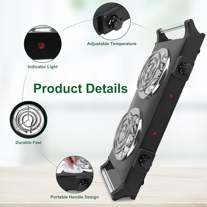 Portable Stove Electric, 2000W Double Burner Electric Cooktop with Coil Hot Plate & Stay Cool Handles, 5 Level Temperature Control, Cooking Stove for Home RV Camping