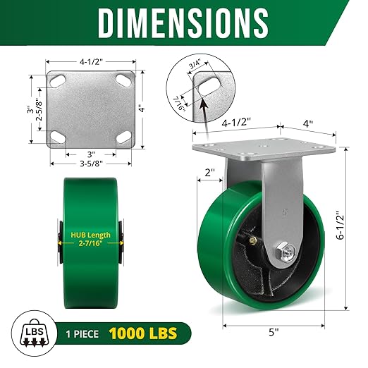 5 Inch Caster Wheels, Heavy Duty Caster with Strong Load-Bearing, Polyurethane Wheel on Steel Hub, Supports 1000 lbs Each(2 Pack Rigid)