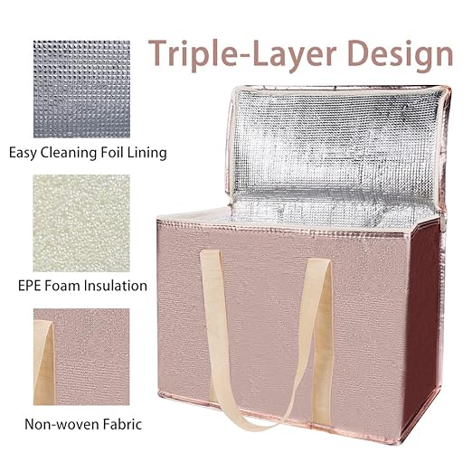 Bodaon 3-Pack Insulated Reusable Grocery Shopping Bag, X-Large Frozen Food Cold, Cooler Bags with Secure Top, Insulated Food/Pizza Delivery Bag, Gold