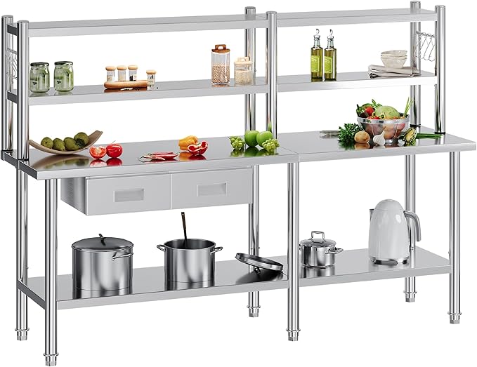 84"x24" Stainless Steel Work Table with Overshelves, 2/3 Drawers, Adjustable Shelf & Hooks, NSF-Certified Heavy-Duty Prep Station for Commercial Kitchen, Restaurant, or Garage