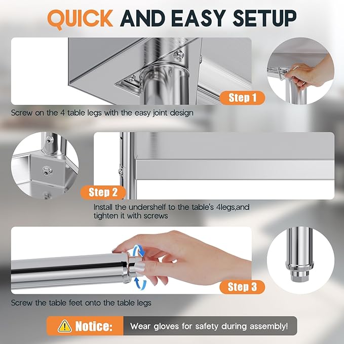 Jocisland 30" x 96" Stainless Steel Table for Prep & Work with Backsplash, Adjustable Under Shelf & Safe Design for Restaurant, Home and Outdoor