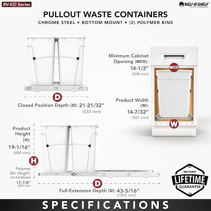 Rev-A-Shelf RV-18KD-1918C-S Double Pullout Trash Can for Kitchen Cabinets 35 Quart Garbage Recycling Bin Container on Full Slides, Green/Black