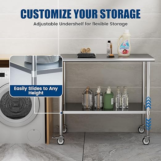 Stainless Steel Work Table with Wheels, 30x48 Inch NSF Kitchen Prep Table with Adjustable Undershelf for Commercial Restaurant, Garage, Outdoor BBQ