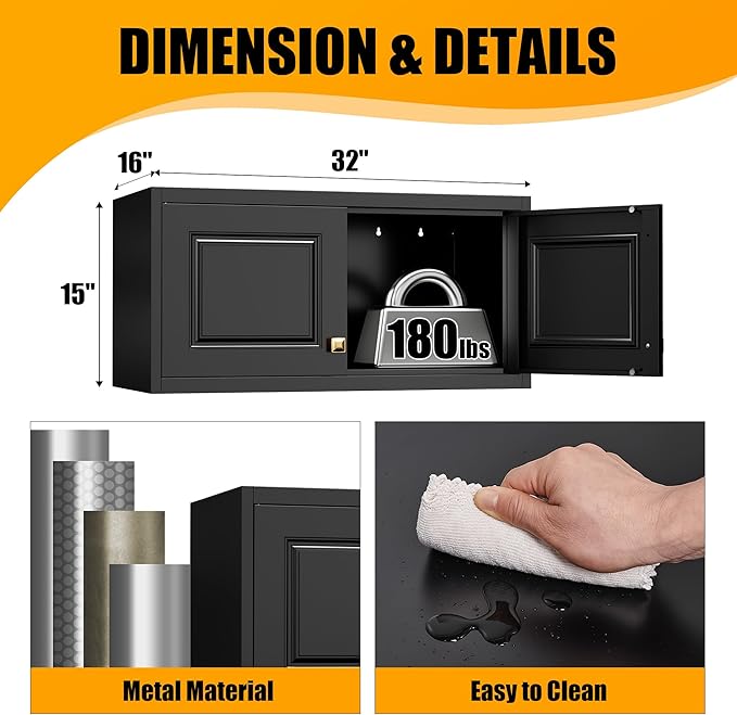 Metal Storage Cabinet with Doors, Small Kitchen Storage Cabinets, Black Wall Cabinet, 15" Tall Home Office Cabinet, Steel Overhead Cupboard for Pantry, Living Room, Kitchen- Assembly Required