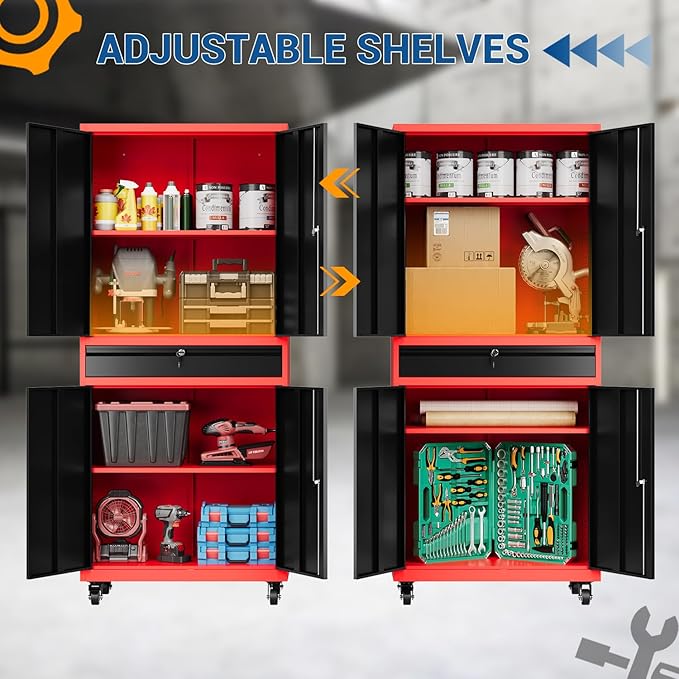 73" Metal Cabinet-Black & Red Heavy Duty Rolling Storage Cabinet Steel Tool Cabinets with Wheels, Shelves, Lockable Doors and Drawers- for Garage, Warehouse Home Office- Assembly Required