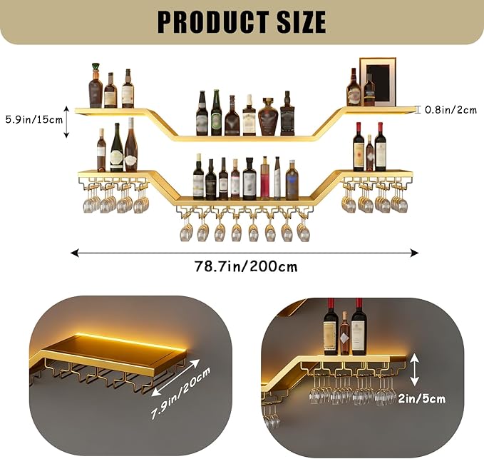 78.7in Modern LED Wine Rack Wall Mounted, 3-Tier Floating Bar Shelves with Wine Glass Rack, Large Hanging Liquor Shelf Wall Mounted, for Home Bar Dining Room Cafe Decorative (Gold, 78.7in/200cm)
