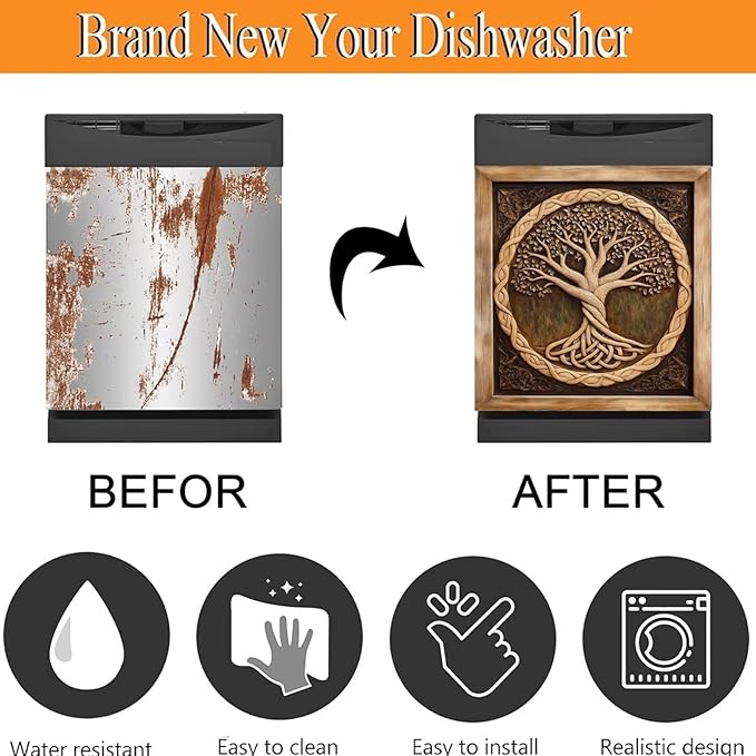 Wood Tree of Life Dishwasher Magnet Cover Skin Panel Decal, 3D Wood Sculpture Tree of Life Refrigerator Magnet Door Cover Vinyl Dishwasher Sticker - 23" W x 26" H Magnetic