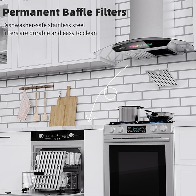 36 inch Wall Mount Range Hood Tempered Glass 900 CFM, Voice/Gesture/Touch Control, Stainless Steel Kitchen Hood Vent with 4 Speed Exhaust Fan, Adjustable Lights, Memory Mode
