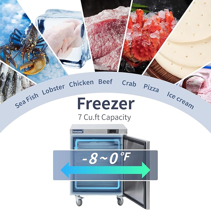 ICECASA 27" W Commercial Freezer Worktop Undercounter Single Door Stainless Steel Counter Fan Cooling Freezer 7 Cu.ft for Restaurant, Bar, Shop, etc