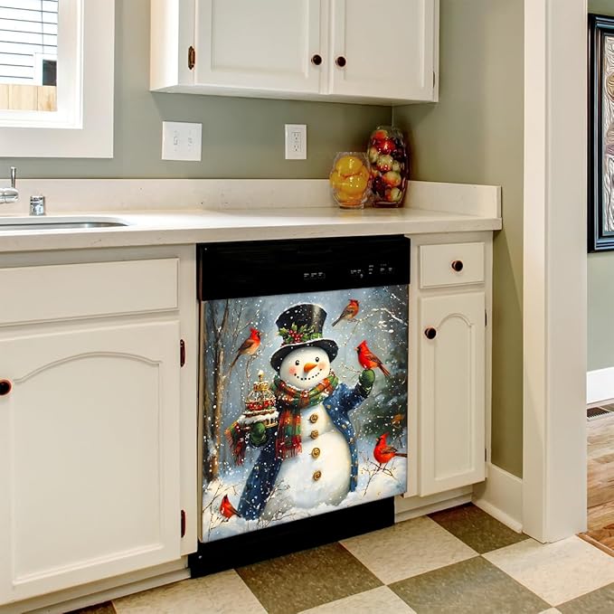 Christmas Cardinal Cute Snowman Dishwasher Magnet Cover Christmas Xmas Magnetic Dishwasher Decorative Cover Front Dishwasher Door Covers Dishwasher Covers Decor Kitchen Appliances Gift 23" X 26"