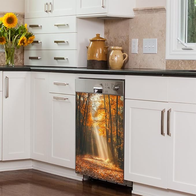 Dishwasher Magnet Cover Front Dishwasher Cover Decoration Reusable Magnetic Door Cover Panel Decal Home Appliances Stickers Kitchen Refrigerator Fridge Autumn Golden Forest 23"x26"