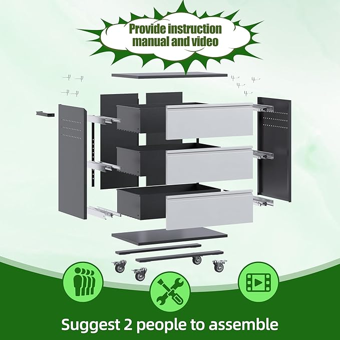 Aobabo Garage Storage Cabinet with 3 Drawers and 4 Hooks,Metal Storage Cabinet with Wheels for Garage Home,Required Assembly,Black&Silver,18.11" D x 30.3" W x 35.4" H