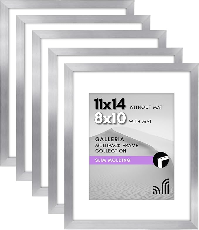 Americanflat 11x14 Picture Frame with Polished Plexiglass - Set of 5 - Use as 8x10 Frame with Mat or Display 11x14 Photo Without Mat - Galleria Collection - Picture Frames for Wall Display - Silver