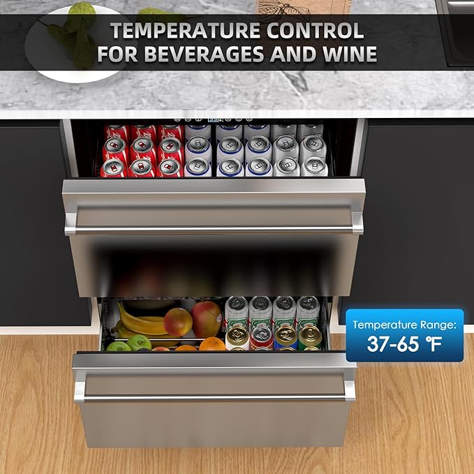 24 Inch Under Counter Double Drawer Fridge,Two Drawer Refrigerator Indoor Beverage Refrigerator, Stainless Steel Beverage Fridge for Home & Commercial Use (Foam Door)